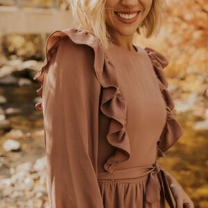 Roolee Mauve Lana Ruffle Maxi Dress with 3/4 Sleeves and Ruffled Tiers